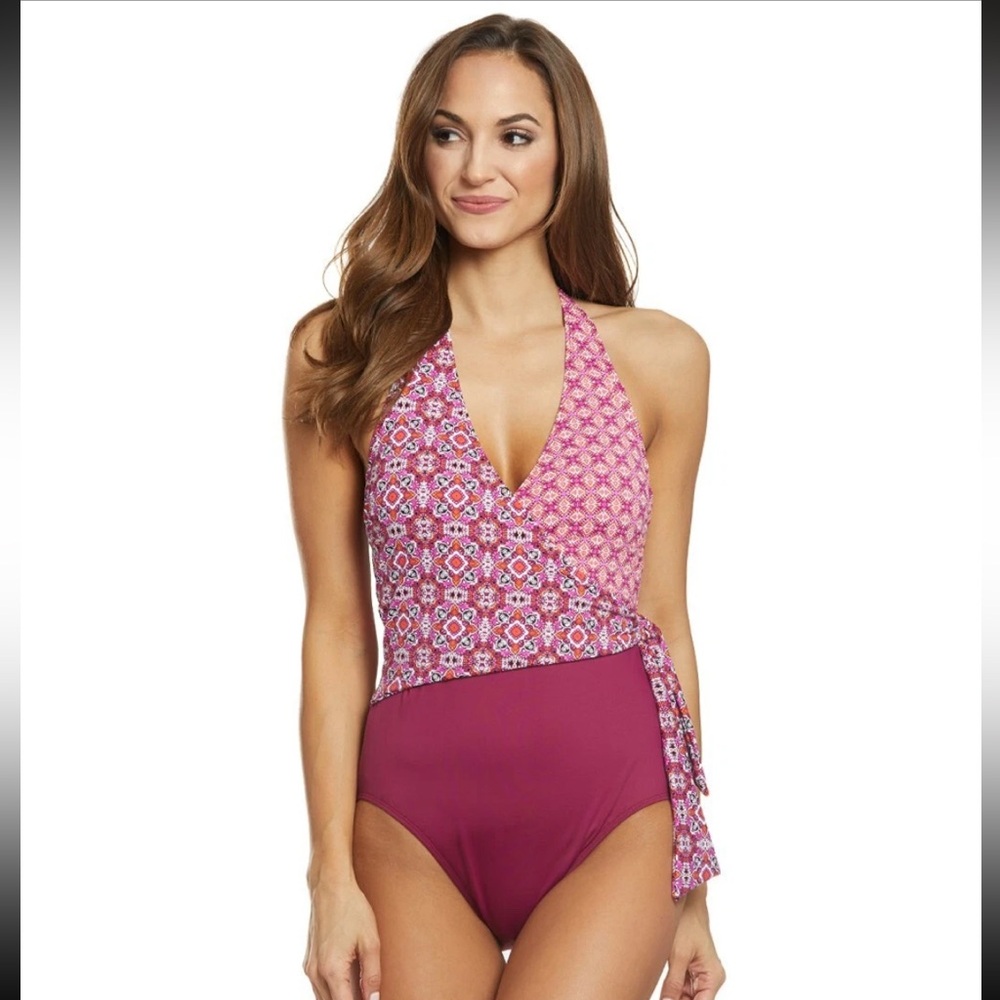 Ralph Lauren Tile print One Piece Swimsuit Asymmetrical Tie wrap